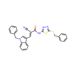 N#C/C(=C\c1cn(Cc2ccccc2)c2ccccc12)C(=O)Nc1nnc(SCc2ccccc2)s1 ZINC000299837529