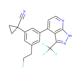 N#CC1(c2cc(CCF)cc(-c3ccnc4[nH]nc(C(F)(F)F)c34)c2)CC1 ZINC000299837835
