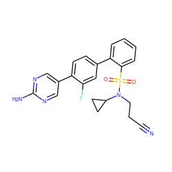 N#CCCN(C1CC1)S(=O)(=O)c1ccccc1-c1ccc(-c2cnc(N)nc2)c(F)c1 ZINC000224754377