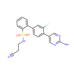 N#CCCNS(=O)(=O)c1ccccc1-c1ccc(-c2cnc(N)nc2)c(F)c1 ZINC000224765536