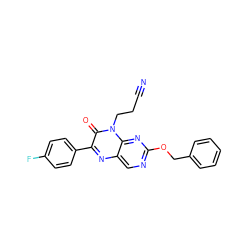 N#CCCn1c(=O)c(-c2ccc(F)cc2)nc2cnc(OCc3ccccc3)nc21 ZINC000004238566