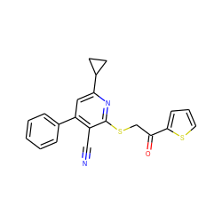 N#Cc1c(-c2ccccc2)cc(C2CC2)nc1SCC(=O)c1cccs1 ZINC000001184422