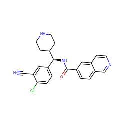 N#Cc1cc([C@H](NC(=O)c2ccc3cnccc3c2)C2CCNCC2)ccc1Cl ZINC000072178916