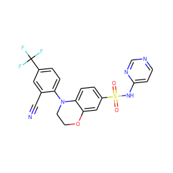N#Cc1cc(C(F)(F)F)ccc1N1CCOc2cc(S(=O)(=O)Nc3ccncn3)ccc21 ZINC000205731124