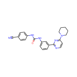 N#Cc1ccc(NC(=O)Nc2cccc(-c3nccc(N4CCCCC4)n3)c2)cc1 ZINC001772590257