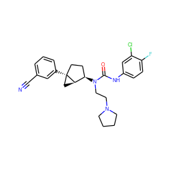 N#Cc1cccc([C@]23CC[C@@H](N(CCN4CCCC4)C(=O)Nc4ccc(F)c(Cl)c4)[C@H]2C3)c1 ZINC000013685108