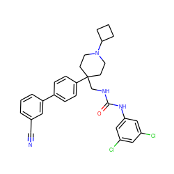 N#Cc1cccc(-c2ccc(C3(CNC(=O)Nc4cc(Cl)cc(Cl)c4)CCN(C4CCC4)CC3)cc2)c1 ZINC000028113841
