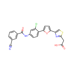 N#Cc1cccc(C(=O)Nc2ccc(-c3ccc(-c4csc(CC(=O)O)n4)o3)c(Cl)c2)c1 ZINC000028524786