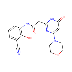 N#Cc1cccc(NC(=O)Cc2nc(N3CCOCC3)cc(=O)[nH]2)c1O ZINC000115071936