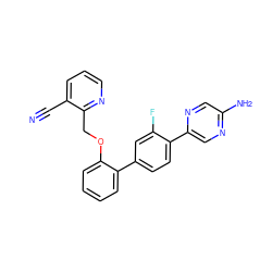 N#Cc1cccnc1COc1ccccc1-c1ccc(-c2cnc(N)cn2)c(F)c1 ZINC000224816080