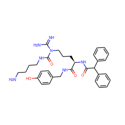 N=C(N)N(CCC[C@@H](NC(=O)C(c1ccccc1)c1ccccc1)C(=O)NCc1ccc(O)cc1)C(=O)NCCCCN ZINC000071297058