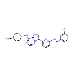N[C@H]1CC[C@H](Nc2nccn3c(-c4cccc(NCc5cccc(Cl)c5)n4)cnc23)CC1 ZINC000261115720