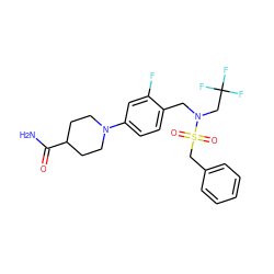 NC(=O)C1CCN(c2ccc(CN(CC(F)(F)F)S(=O)(=O)Cc3ccccc3)c(F)c2)CC1 ZINC000147284583