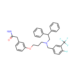 NC(=O)Cc1cccc(OCCCN(Cc2ccc(F)c(C(F)(F)F)c2)CC(c2ccccc2)c2ccccc2)c1 ZINC000014973001