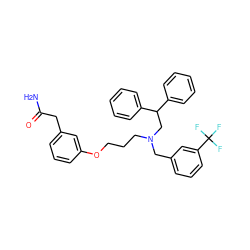 NC(=O)Cc1cccc(OCCCN(Cc2cccc(C(F)(F)F)c2)CC(c2ccccc2)c2ccccc2)c1 ZINC000014972997