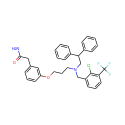 NC(=O)Cc1cccc(OCCCN(Cc2cccc(C(F)(F)F)c2Cl)CC(c2ccccc2)c2ccccc2)c1 ZINC000014973005