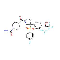 NC(=O)N1CCC(C(=O)N2CC[C@](c3ccc(C(O)(C(F)(F)F)C(F)(F)F)cc3)(S(=O)(=O)c3ccc(F)cc3)C2)CC1 ZINC001772578779