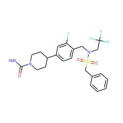 NC(=O)N1CCC(c2ccc(CN(CC(F)(F)F)S(=O)(=O)Cc3ccccc3)c(F)c2)CC1 ZINC000144747031