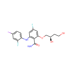 NC(=O)c1c(Nc2ccc(I)cc2F)cc(F)cc1OC[C@H](O)CCO ZINC000096905636
