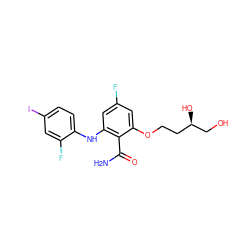 NC(=O)c1c(Nc2ccc(I)cc2F)cc(F)cc1OCC[C@@H](O)CO ZINC000095920681
