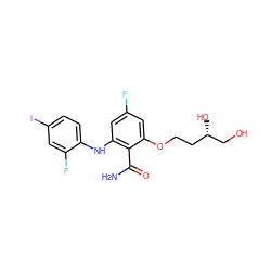 NC(=O)c1c(Nc2ccc(I)cc2F)cc(F)cc1OCC[C@H](O)CO ZINC000096905635