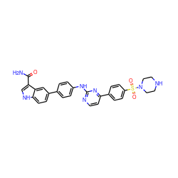 NC(=O)c1c[nH]c2ccc(-c3ccc(Nc4nccc(-c5ccc(S(=O)(=O)N6CCNCC6)cc5)n4)cc3)cc12 ZINC000027410562