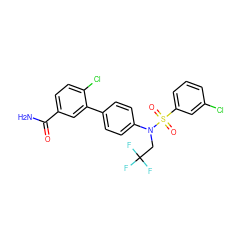 NC(=O)c1ccc(Cl)c(-c2ccc(N(CC(F)(F)F)S(=O)(=O)c3cccc(Cl)c3)cc2)c1 ZINC000653917188