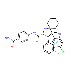 NC(=O)c1ccc(NC(=O)[C@@H]2NC3(CCCCC3)[C@@]3(C(=O)Nc4cc(Cl)ccc43)[C@H]2c2cccc(Cl)c2F)cc1 ZINC001772590342