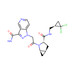 NC(=O)c1nn(CC(=O)N2[C@H](C(=O)NC[C@H]3CC3(Cl)Cl)C[C@H]3C[C@H]32)c2ccncc12 ZINC000210831978