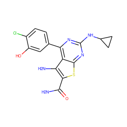 NC(=O)c1sc2nc(NC3CC3)nc(-c3ccc(Cl)c(O)c3)c2c1N ZINC000073240602