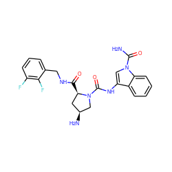 NC(=O)n1cc(NC(=O)N2C[C@@H](N)C[C@H]2C(=O)NCc2cccc(F)c2F)c2ccccc21 ZINC000144015497