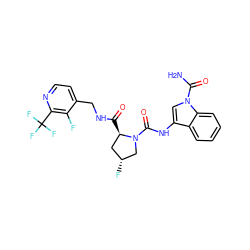NC(=O)n1cc(NC(=O)N2C[C@H](F)C[C@H]2C(=O)NCc2ccnc(C(F)(F)F)c2F)c2ccccc21 ZINC000148319389