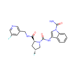 NC(=O)n1cc(NC(=O)N2C[C@H](F)C[C@H]2C(=O)NCc2cncc(F)c2)c2ccccc21 ZINC000148349624