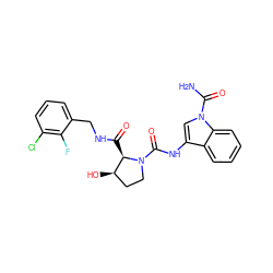 NC(=O)n1cc(NC(=O)N2CC[C@@H](O)[C@H]2C(=O)NCc2cccc(Cl)c2F)c2ccccc21 ZINC000148156175