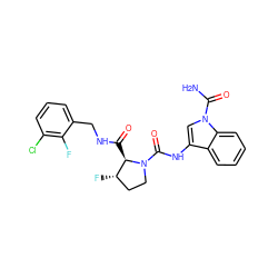 NC(=O)n1cc(NC(=O)N2CC[C@H](F)[C@H]2C(=O)NCc2cccc(Cl)c2F)c2ccccc21 ZINC000148442504