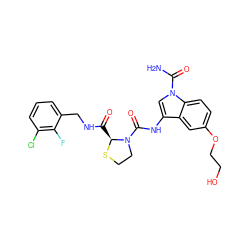 NC(=O)n1cc(NC(=O)N2CCS[C@H]2C(=O)NCc2cccc(Cl)c2F)c2cc(OCCO)ccc21 ZINC000200869839