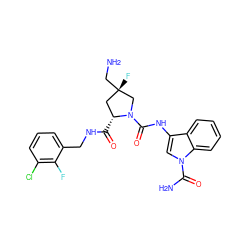 NC[C@@]1(F)C[C@@H](C(=O)NCc2cccc(Cl)c2F)N(C(=O)Nc2cn(C(N)=O)c3ccccc23)C1 ZINC000148267409