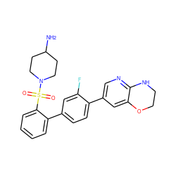NC1CCN(S(=O)(=O)c2ccccc2-c2ccc(-c3cnc4c(c3)OCCN4)c(F)c2)CC1 ZINC000224775791