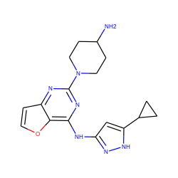 NC1CCN(c2nc(Nc3cc(C4CC4)[nH]n3)c3occc3n2)CC1 ZINC000473166168