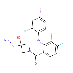 NCC1(O)CN(C(=O)c2ccc(F)c(F)c2Nc2ccc(I)cc2F)C1 ZINC000060325246