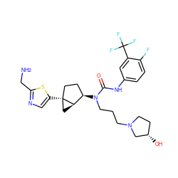 NCc1ncc([C@]23CC[C@@H](N(CCCN4CC[C@H](O)C4)C(=O)Nc4ccc(F)c(C(F)(F)F)c4)[C@H]2C3)s1 ZINC000028825137