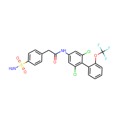 NS(=O)(=O)c1ccc(CC(=O)Nc2cc(Cl)c(-c3ccccc3OC(F)(F)F)c(Cl)c2)cc1 ZINC000143088130