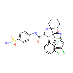 NS(=O)(=O)c1ccc(NC(=O)[C@@H]2NC3(CCCCC3)[C@@]3(C(=O)Nc4cc(Cl)ccc43)[C@H]2c2cccc(Cl)c2F)cc1 ZINC001772630618