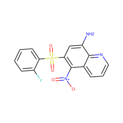 Nc1cc(S(=O)(=O)c2ccccc2F)c([N+](=O)[O-])c2cccnc12 ZINC000029482755