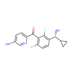 Nc1ccc(C(=O)c2c(Cl)ccc([C@H](N)C3CC3)c2F)nc1 ZINC001772579606