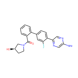 Nc1cnc(-c2ccc(-c3ccccc3C(=O)N3CC[C@@H](O)C3)cc2F)cn1 ZINC000224856193