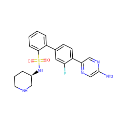 Nc1cnc(-c2ccc(-c3ccccc3S(=O)(=O)N[C@@H]3CCCNC3)cc2F)cn1 ZINC001772575736