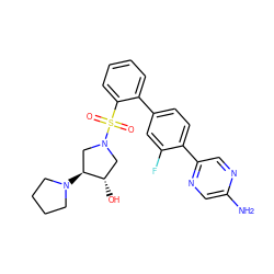 Nc1cnc(-c2ccc(-c3ccccc3S(=O)(=O)N3C[C@H](O)[C@@H](N4CCCC4)C3)cc2F)cn1 ZINC000224752952