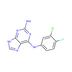 Nc1nc(Nc2ccc(F)c(Cl)c2)c2nc[nH]c2n1 ZINC000009575840