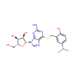 Nc1nc(SCc2cc([N+](=O)[O-])ccc2O)c2ncn([C@@H]3O[C@H](CO)[C@@H](O)[C@H]3O)c2n1 ZINC000029059342